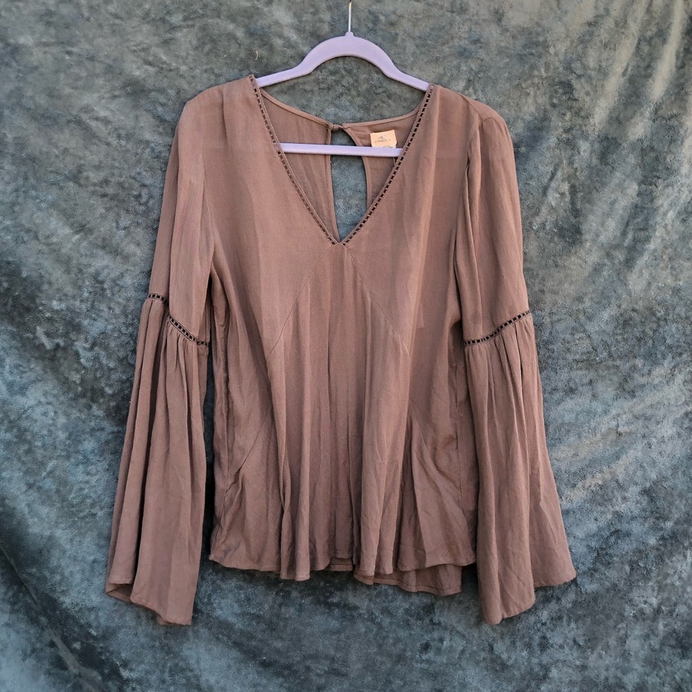 O’Neill Brown Long Bell Sleeve Boho V Neck Shirt